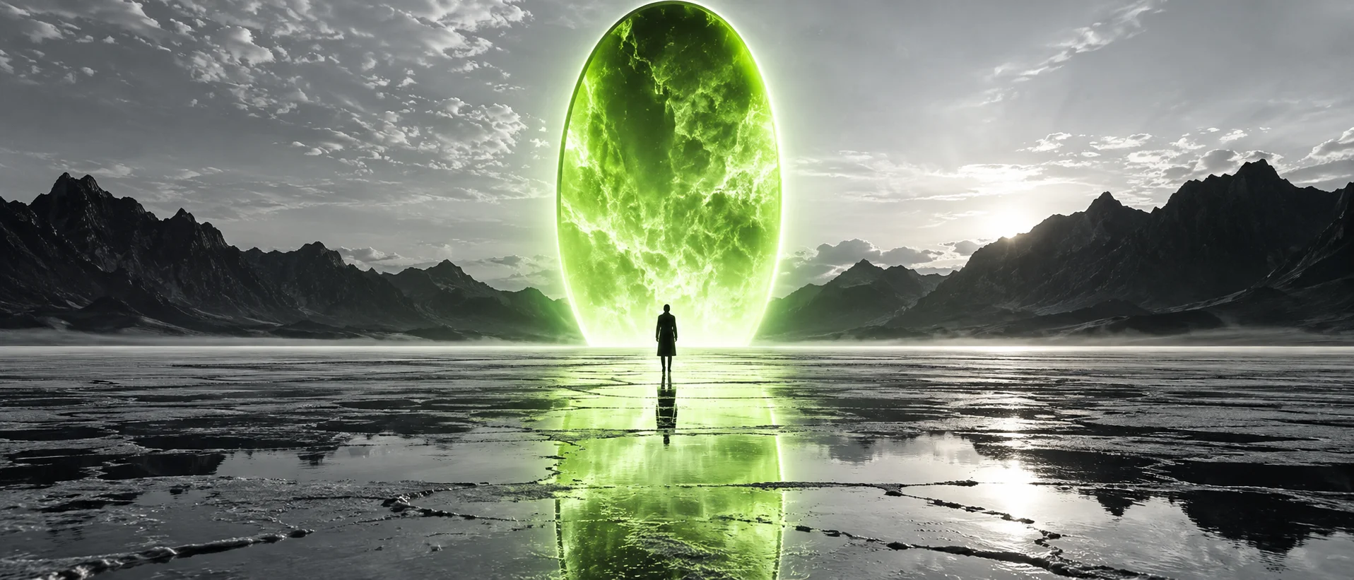 Une silhouette face à un immense portail lumineux vert, dans un paysage minéral imaginaire.